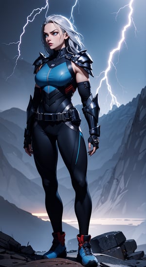 masterpiece,  best quality,  aggressive looking face, big eyes, outdoors, very muscular woman, hands well shown, standing, super-villain style, full metal body armor, leggings, Dramatic lighting, Night time, red Thunderstorm, Rugged and rocky terrain background, blue eyes, silver hair, High detailed full body, Head to feet