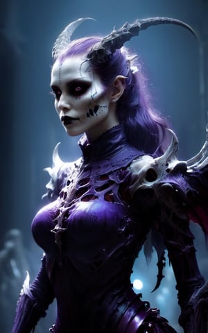 high quality, 8K Ultra HD, Imagine a hauntingly beautiful demonic female figure in the eerie atmosphere of a castle, Clad in dark attire that blends with the shadows, she emanates an unsettling crystalline ice skeleton of an undead zombie dragon on the bioluminescent purple galaxy, soft lighting, sharp focus, by Marc Simonetti & Yoji Shinkawa & WLOP, paint drops, rough edges, trending on artstation, studio photo, intricate details, highly detailed,DracolichXL24 bioluminescent Purple galaxy, bones, neck vertebrae, curved wings, soft lighting, sharp focus, by Marc Simonetti & Yoji Shinkawa & WLOP, paint drops, rough edges, trending on artstation, studio photo, intricate details, highly detailed,DracolichXL24, ((look at the viewer))