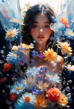 face of a woman made with flowers, Transparent Glass Flowers, Red flowers, Blue flowers, glowing flowers, flowers, girl,flower_of_ice, with flowers, baby, Glass flowers, High detailed, watercolour style,wat3rc0l0r,watercolor