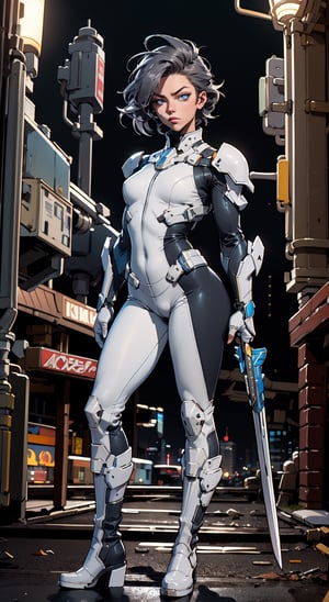 masterpiece,  best quality,  aggressive looking face, big eyes, outdoors, very muscular woman, hands are well shown, ((holding a weapon)), holding a weapon, standing, super-hero style, full metal body armour in white colour, leggings, (white leather pointed angle boots),  Dramatic lighting, Night time,  sci-fi modern city background, Night time, blue eyes, silver short hair, Morden hairstyle, ((groomed hair)), High detailed full body, Head to feet, girl