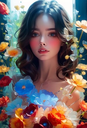 face of a woman made with flowers, Transparent Glass Flowers, Red flowers, Blue flowers, glowing flowers, flowers, girl,flower_of_ice, with flowers, baby, Glass flowers, High detailed, watercolour style,wat3rc0l0r