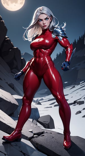 masterpiece,  best quality,  aggressive looking face, big eyes, outdoors, very muscular woman, hands are well shown, standing, super-hero style, full metal body armour in red colour , leggings, (Red leather pointed angle boots),  Dramatic lighting, Night time,  Rugged and rocky terrain background, blue eyes, silver hair, High detailed full body, Head to feet