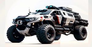 Futuristic truck, sci-fi design high, tech look,  aerodynamic, wide tyres, chromium plated rims, hyper-realistic, highly detailed machine Parts, ((Red and White paintwork)),