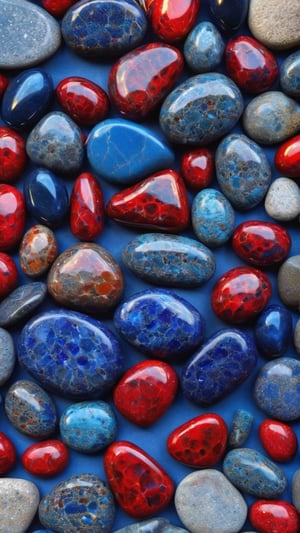 beautifully Petoskey Stone, different shades of blue-coloured box-shaped marble
pebbles with an awesome ribboned Red & dark blue texture, super polished pebbles, glossy pebbles, pebbles covered with bright red fall-off spots, well-arranged, 4k res, Sci-fi ,DonMX3n0XL