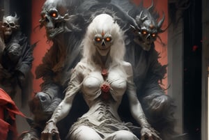 A Demon-faced woman sitting on a Huge throne, heavy body, the throne filled with skulls and Bones, Demon  sharp horns on her head, white hair, Dark red eyes, glowing eyes:1.3, looking straight, hands on the armrest, leg Skin exposed, legs apart, black fingernails, large breasts, masterpiece, ultra-detailed image, a perfect image unfolds with 8k resolution, professional, HDR, high resolution, best illumination, extremely detailed, ray tracing, realistic lighting effects, horror (theme), sitting on the Huge throne of skulls, spread legs, Red Cloth, multiple sedative Dedom girls in the background, tattoo, hooved legs,DracolichXL24,zkeleton,zomb00d,horror (theme),dragon,weapon