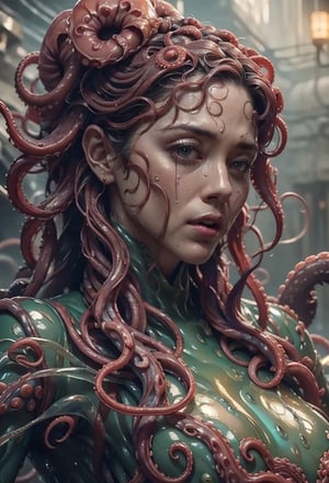 close of a woman's face only, beautiful face, on her head octopuses long tendrils, all over the head, covered with octopuses long tendrils with suction cups detailed, slimy, oily face,  octopuses long tendrils wrapping her body, cinematic lighting, ,uranium-tech,