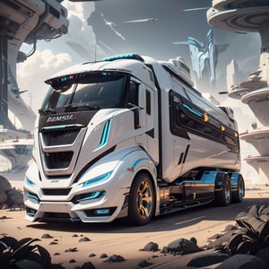 Futuristic truck, sci-fi design high, tech look,  aerodynamic, wide tyres, chromium plated rims, hyper-realistic, highly detailed machine Parts,DonMC3l3st14l3xpl0r3rsXL,cinematic,Futuristic room