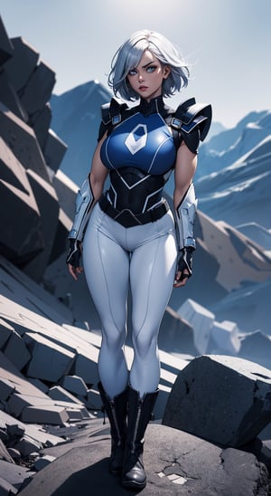 masterpiece,  best quality,  aggressive looking face, big eyes, outdoors, very muscular woman, hands are well shown, standing, super-hero style, full metal body armour in white colour, leggings, (white leather pointed angle boots),  Dramatic lighting, Night time,  Rugged and rocky terrain background, blue eyes, silver short hair, High detailed full body, Head to feet