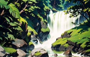 Misty waterfalls in a forest, eroded rocks, photorealistic, hight details, masterpiece, ,jellyfishforest