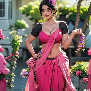 beautiful girl from Kerala with dark skin, (( jasmine flowers adorned on the head)), wearing Hindu clothing, showing maximum low hip, full body view, three girls wearing a short skirt & sexy blouse with deep cleavage, hourglass body figure, slim body, sexy, 85mm, long shot, 8k photograph. depth of field. happy face, hyper-detailed, sharp focus, studio photo, intricate details, highly detailed, looking_at_viewer, pov_eye_contact, looking_at_camera,3DMM,Flower Wreath,Saree