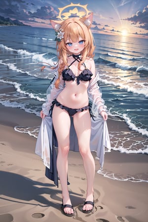 1girl, solo, long hair, looking at viewer, blush, smile, open mouth, bangs, blue eyes, hair ornament, navel, holding, animal ears, standing, swimsuit, braid, flower, bikini, outdoors, frills, barefoot, hair flower, orange hair, official alternate costume, animal ear fluff, halo, beach, sandals, frilled bikini, sunset, sand, footprints, holding shoes, mari \(blue archive\),mari (blue archive)