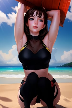 fit brunette girl, beach, sweaty, highly detailed, masterpiece, professional photo, extreme details, high resolution, hdr