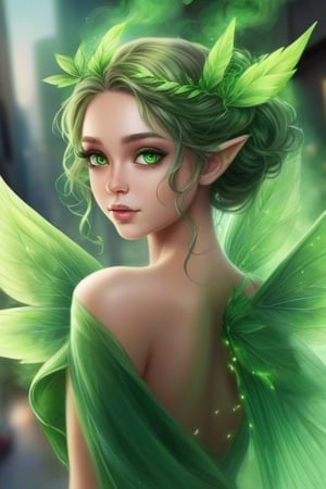 cannabis, green, green_eyes, green_light, green_fairy, background_city, green_wings, wings_at_back, leafs_in_hair, realistic, smoke