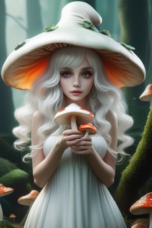 more detail XL,IncrsXLRanni, female, mushroom_fairy, mushrrom_hat, high_quality, 8k, two_hands realitc, gree_wings,ghost person, hush,wavy hair. white_mushroom_hat, holding_mushroom, white_hair