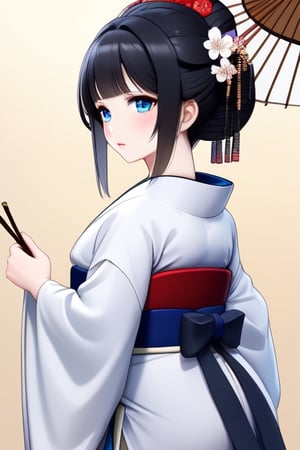 Android geisha, asian_female, blue_eyes, black_hair, full_body, white_kimono, noble