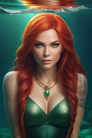 female, siren, realistic, 8k, good_quality, water, chains, HD,  lingerie, golden_hour, skinny, detailed, mermaid, green-eyes, symmetrical, symmetrical_face, high_quality, complex_background,  complex_face_details, under_water, white_skin, full_body, fishtail, red_hair, sitting_down, curly_hair  