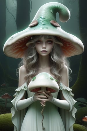 more detail XL,IncrsXLRanni, female, mushroom_fairy, mushrrom_hat, high_quality, 8k, two_hands realitc, gree_wings,ghost person, hush,wavy hair. white_mushroom_hat