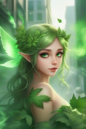cannabis, green, green_eyes, green_light, green_fairy, background_city, green_wings, leafs_in_hair, realistic, smoke