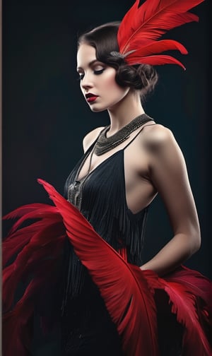 (( A Sensual 1920s roaring 20s goddess wearing red bodice, black stockings, suspenders and flapper dress) - HD Album Cover Art; Jean-Baptiste Monge + Jessica Rossier + Brian Froud; Award-Winning Render; Unreal Engine 3D; Symbolism; Colourful; Polished; Complex; UHD; D3D; 16K", (((art by Carne Griffiths))), dark art deco background, curved line composition, insane details, intricate details, low contrast, soft cinematic light, exposure blend, hdr, front Arriflex 535B, Nikon 6mm f/2.8 fisheye lens, Kodak Vision2 500T 35mm film stock, lighting techniques aims to accentuate the exaggerated colors and contrast in the scene, ultrahigh resolution, highy cinematic, super detailed, extremely high quality, beauiful lips, cute mouth

