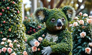 topiary art of a koala, rich of vines, foliage and small roses. BREAK, 35mm photograph, film grain,  professional, 4k, highly detailed, bokeh