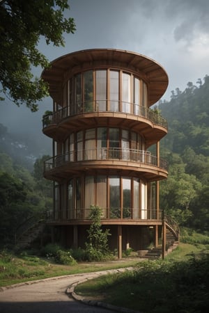 Highly detailed architectural rendering of a treehouse in a tropical forest in rain with dense clouds. Front elevation with landscaping and trees in the foreground and background. Foggy atmosphere with low visibility and heavy rain. View of the misty valley in the background. Circular window openings in wooden walls. Building material is concrete. The location is Wayanad, Kerala. Viewed from the perspective of a pedestrian. Hyper-realistic 8k