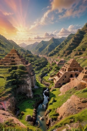 A landscape depicting a beautiful valley along which a river flows, the banks are covered with golden shining sand and green grass, the plants look like the tropics, the sky has a pink sunset, ancient buildings are scattered around the area, such as ruined towers, pyramids, huge gates, bright colors , golden sand, tropical sunset, palm trees, pink sunset, super detail, picturesque landscape,High detailed 