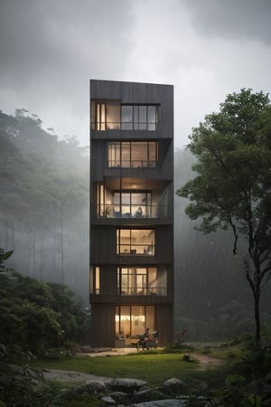 Highly detailed architectural rendering of a treehouse in a tropical forest in rain with dense clouds. Front elevation with landscaping and trees in the foreground and background. Foggy atmosphere with low visibility and heavy rain. View of the misty valley in the background. Circular window openings in wooden walls. Building material is concrete. The location is Wayanad, Kerala. Viewed from the perspective of a pedestrian. Hyper-realistic 8k