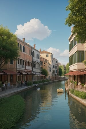 Generate the idyllic landscape of a beautiful town, with a lush wooded forest that is bordered next to a busy city, beautiful European architecture, many green trees, rivers along which boats float (similar to Venice), wide sidewalks, curbs, the sun breaks through the clouds, blue sky, citizens walk along the sidewalks, best quality, 8k, ,nursery school