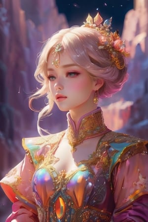 extremely detailed illustration of gorgeous woman wearing haute couture, stylish, backlit, highly illuminated, colorful crystal, awesome hair, closeup, visually rich, raytraced, manga, whimsical, JRPG, enchanting, emotionally evocative, detailed environment, fantastical, imaginative, visually rich, atmospheric, zoomed, flat lighting, 2d, cartoon, vector, rocks, art by MSchiffer,ColorART