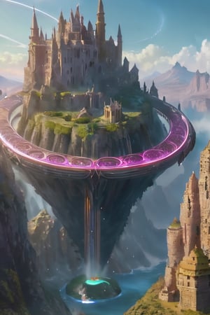 An airy island of earth floating in the sky with a grey stone castle around which rotate several giant rings of stone engraved with huge glowing runes. Realism, similar to the castle of the Heroes of Might and Magic Academy 5, magical structures, mage towers, bright colors, 3D render, 8k, many small details, the picture looks like a photo, photorealism, pink sky, main colors, desert under castle, giant stone rings around island,DonMR3mn4ntsXL ,Sci-fi ,background,6000