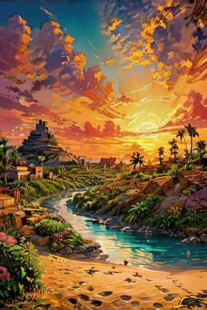 A realistic landscape depicting a beautiful valley along which a river flows, the banks are covered with golden shining sand, the plants look like the tropics, the sky has a beautiful sunset like in Hawaii, ancient buildings are scattered around the area, such as ruined towers, pyramids, huge gates, bright colors , golden sand, tropical sunset, palm trees, pink sunset, super detail, picturesque landscape