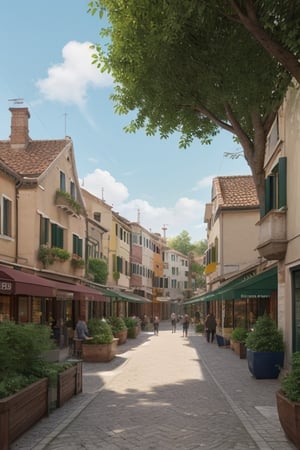 Generate the idyllic landscape of a beautiful town, with a lush wooded forest that is bordered next to a busy city, beautiful European architecture, many green trees, rivers along which boats float (similar to Venice), wide sidewalks, curbs, the sun breaks through the clouds, blue sky, citizens walk along the sidewalks, best quality, 8k, ,nursery school