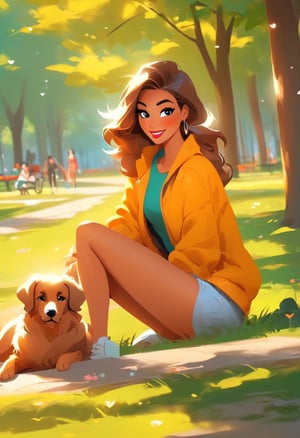 Sexy beautifull woman sitting,dog, enjoy, park