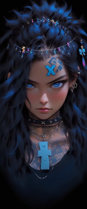Portrait of 1 girl in a mid shot, featuring blue eyes, colored skin, facial mark, sporting a hair ornament and an 'X' shaped hair ornament, adorned with a choker and a tattoo, short hair with long strands cascading down, all set against a stark black background, aspect ratio 3:4, digital painting, ultra fine, cinematic, golden ratio,jennierubyjenes