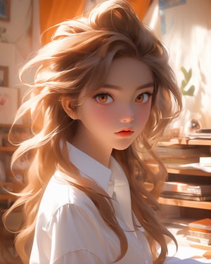 (work of art), (masterpiece), (detailed expressive eyes), (orange, tanned skin), (detailed hair), (extremely detailed CG 8k unit wallpaper (background scenery of a teenager's room), wearing a long-sleeved white silk shirt, low, dim, almost zero lighting.,EpicSky,cutegirlmix