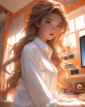 (work of art), (masterpiece), (detailed expressive eyes), (orange, tanned skin), (detailed hair), (extremely detailed CG 8k unit wallpaper (background scenery of a teenager's room), wearing a long-sleeved white silk shirt, low, dim, almost zero lighting.,EpicSky,cutegirlmix