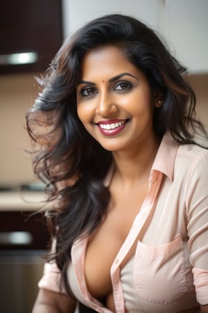 a beautiful mallu milf 36yo woman with messy hair, irresistible, wearing unbuttoned shirt, cleavage, panties, sexy smile, kitchen background, (casual:1.2), light tan, blush, detailed skin, innocent, natural lighting, film grain, retro, (bokeh:1.3), Porta 160 color, shot on ARRI ALEXA 65, sharp focus on subject, Fujifilm XT-3,> matured sexy sensual mallu woman o saggy bobs, straight sexy hair, thick lips, seducing smile, in office chair spreading l