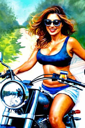 water color  sketch of a happy sexy milf mallu woman of age 36 on her bullet bike, , sexy curvy busty slut, popping saggy boobs, fair natural skin, wearing mni skirt and jacket l sexy thighs shining, extreme details, morning time, brush strokes, cross hatches, smudges, painting artwork, painting, illustration, artwork, half done sketch, 
,oil paint 