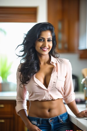a beautiful mallu milf 36yo woman with messy hair, irresistible, wearing unbuttoned shirt, cleavage, panties, sexy smile, kitchen background, (casual:1.2), light tan, blush, detailed skin, innocent, natural lighting, film grain, retro, (bokeh:1.3), Porta 160 color, shot on ARRI ALEXA 65, sharp focus on subject, Fujifilm XT-3,> matured sexy sensual mallu woman o saggy bobs, straight sexy hair, thick lips, seducing smile, in office chair spreading l