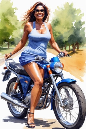water color  sketch of a happy sexy milf mallu woman of age 36 on her bullet bike, , sexy curvy busty slut, popping saggy boobs, fair natural skin, wearing pantiless mni skirt and bare boobs  streching her arms, l sexy thighs shining, extreme details, morning time, brush strokes, cross hatches, smudges, painting artwork, painting, illustration, artwork, half done sketch, 
,oil paint 