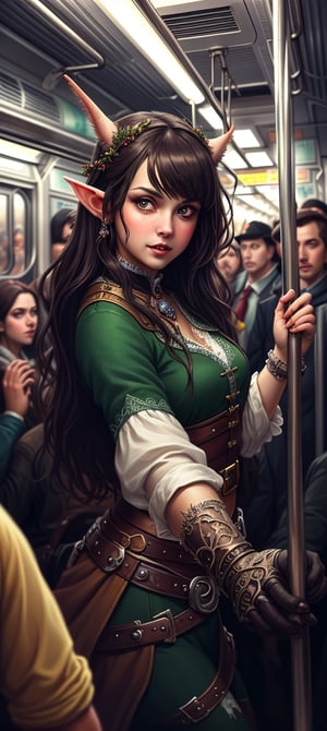 luminism, magical overcrowded subway train carriage in which magical creatures ride. elves, orcs, trolls, gremlins, vampires, ghosts, a close up cute  elf  girl  looking at the camera, by Yaroslav Sobol, WLOP greg rutkowski, craola, cute flying ghosts, otherworldly, wonderland, mystical, scary, creepy, fantasy, complex background, dynamic lighting, lights, digital painting, intricated pose, highly detailed, cute, filigree, intricated