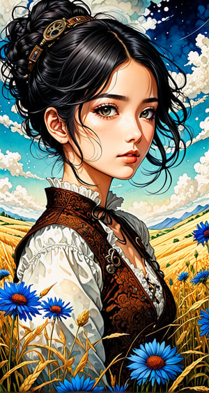beautiful , cute , tender,  cracked paper, two parts in one art, splatter alcohol ink, manga  art , , steampunk, cornflowers, rye field , close up gracious girl , detailed abstract sky with clowds, windmill, houses,  valley, dynamic intricated pose, close portrait light on face, shadow play, perfect faces, sharp glowing eyes,  Rebecca Sugar , Satoshi Kon and Miyazaki complex manga art , Ghibli studio, patchwork, mosaic, storybook illustration, highly detailed unusual beautiful details, intricated, intricated pose, tiny details masterpiece, high quality, intricated lighting, luminism