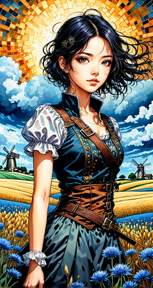 beautiful , cute , tender,  cracked paper, two parts in one art, splatter alcohol ink, manga  art , , steampunk, cornflowers, rye field , girl , detailed abstract sky with clowds, windmill, houses,  dynamic intricated pose, close portrait light on face, shadow play, perfect faces, sharp glowing eyes,  Rebecca Sugar , Satoshi Kon and Miyazaki complex manga art , Ghibli studio, patchwork, mosaic, storybook illustration, highly detailed unusual beautiful details, intricated, intricated pose, tiny details masterpiece, high quality, intricated lighting, luminism