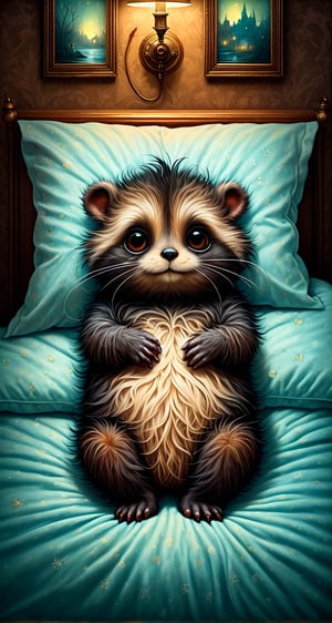 Chris Ryniak and Andy Kehoe style postcard, hyperrealism, digital art, cinematic, a close up highly detailed cute dreamy happy transparent fluffy pajamas-dressed smiling monster by Chris Ryniak, going to sleep, dynamic pose, cozy interior room, unusual, modern. heartwarming, cozy, fairytale, fantasy, detailed textures, artistic dynamic pose, tender, atmospheric, sharp focus, centered composition, complex background, soft haze, masterpiece. animalistic, beautiful, tiny detailed