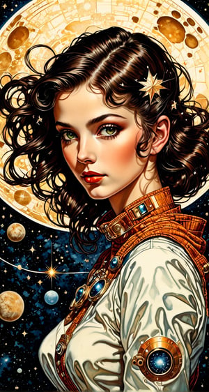 beautiful , cute , tender,  cracked paper, two parts in one art, splatter alcohol ink, manga retrofuturism art , girl in space, planets, stars, staedust, dynamic intricated pose, close portrait light on face, shadow play, perfect faces, sharp glowing eyes, by Gil Elvgren, J.C. Leyendecker, Dean Cornwell, Norman Rockwell, patchwork, mosaic, storybook illustration, highly detailed unusual beautiful details, intricated, intricated pose, tiny details masterpiece, high quality, intricated lighting, luminism