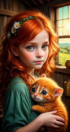 Chris Ryniak, Rebecca Sugar Andy Kehoe style , , cuteness overload, , digital portrait, cinematic, fantasy, fairytale, a close up highly detailed happy ginger-haired colorful dressed smiling farm tiny girl and tiny fluffy monster creatures, farm house, countryside, pastoral, farm, sunbeams, glowing eyes, detailed girl face, close macro girl portrait dynamic pose, sharp eyes, unusual, modern. heartwarming, cozy, fairytale, fantasy, detailed textures, artistic dynamic pose, tender, atmospheric, sharp focus, centered composition, complex background, soft haze, masterpiece. animalistic, beautiful, tiny detailed