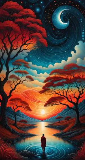 savannah landscape mail art,  glowing red sunset sky swirls, three panels collage, triptych, multipanels, stars, double exposure two parts in one art, fantasy book cover, digital art, cinematic, vibrant colors hyperrealistic contoured, surrealism,  filigree, swirling composition, by Shaddy by Chris Ryniak, Craola celestial illuminated sky, expressive glowing eyes, insanely detailed, looking in camera, sky, sleek, modern., fairytale, fantasy, by Andy Kehoe, water drops, dynamic pose, tender, atmospheric, sharp focus, centered composition, complex background, soft haze, masterpiece. animalistic, beautiful, tiny detailed