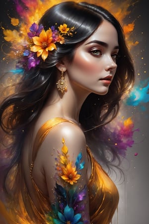 From behind, Photorealistic portrait of a gorgeous woman emitting a soft glowing aura with flowy black hair resembling steam in water with vibrant floral elements encased in glass, hyperdetailed face and eyes, colorful rendition, 3d style flowers, amber glow, sharp focus on eyes, vivid hazel eyes, work of beauty elegance and complexity, from behind, colorful body tattoos on her back, fantasy vibe,A girl dancing, flowing ink elements, alberto seveso style,  close-up ,Glass, lots of jewelry gold and diamonds like earings necklace bracelets and circlets.