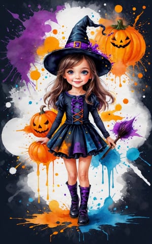 adorable girl as Halloween witch t-shirt design, colorful splatter, vector art, fantasy art, watercolor effect, digital painting