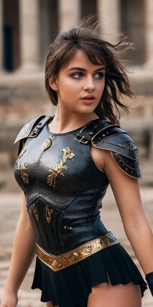 (masterpiece, top quality, Best quality, official art, beautiful and aesthetic:1.2), ((a young woman as roman gladiator,)) dark messy and blowing hair with bangs, (Masterpiece, Best quality), (finely detailed eyes), (finely detailed eyes and detailed face), half body, intrincate details, (((black high hip leotard,))) roman armor with elaborated and ntrincate detailed gold ornaments, roman legion shield and sword, black boots (Extremely detailed CG, Ultra detailed, Best shadow), Beautiful conceptual illustration, (illustration), (((action pose,))) (extremely fine and detailed), (Perfect details), (Depth of field),action shot
